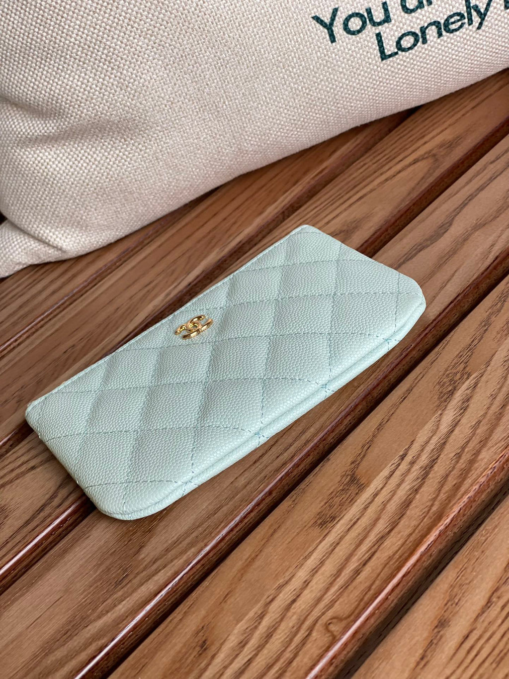 CHANEL CLASSIC SMALL 15 ZIPPED POUCH IN SKY BLUE GRAINED CALFSKIN