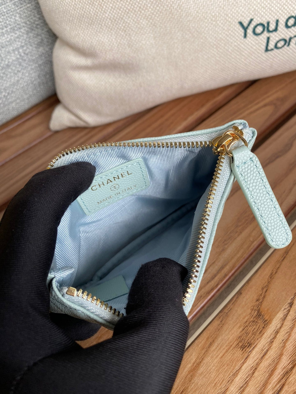 CHANEL CLASSIC SMALL 15 ZIPPED POUCH IN SKY BLUE GRAINED CALFSKIN