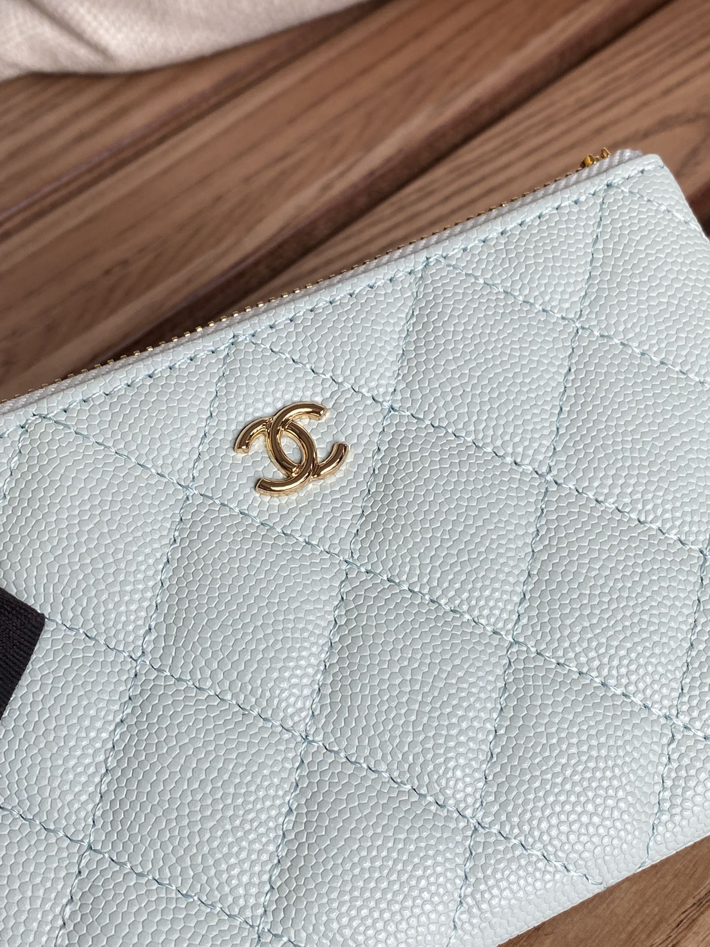 CHANEL CLASSIC SMALL 15 ZIPPED POUCH IN SKY BLUE GRAINED CALFSKIN