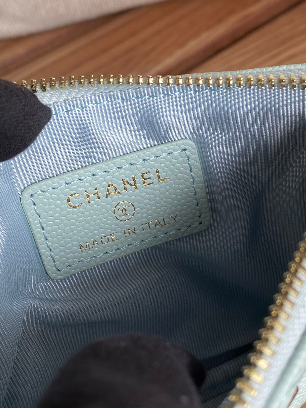 CHANEL CLASSIC SMALL 15 ZIPPED POUCH IN SKY BLUE GRAINED CALFSKIN