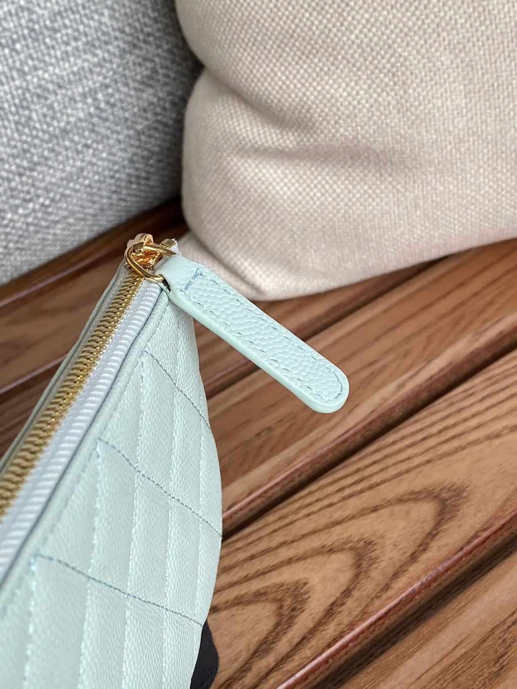 CHANEL CLASSIC SMALL 15 ZIPPED POUCH IN SKY BLUE GRAINED CALFSKIN