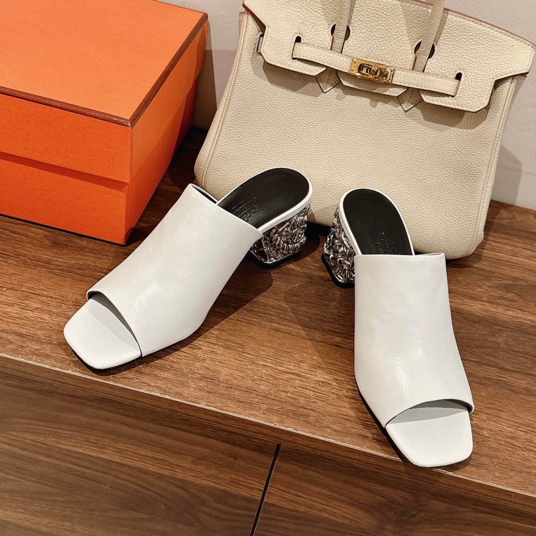 HERMES GLAM MULE 60 WHITE LAMBSKIN