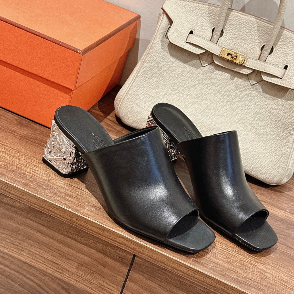 HERMES GLAM MULE 60 BLACK LAMBSKIN