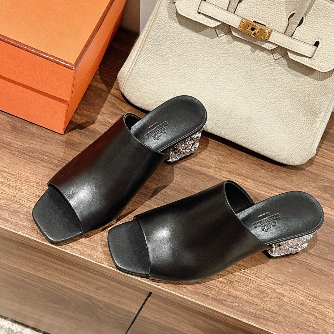 HERMES GLAM MULE 60 BLACK LAMBSKIN