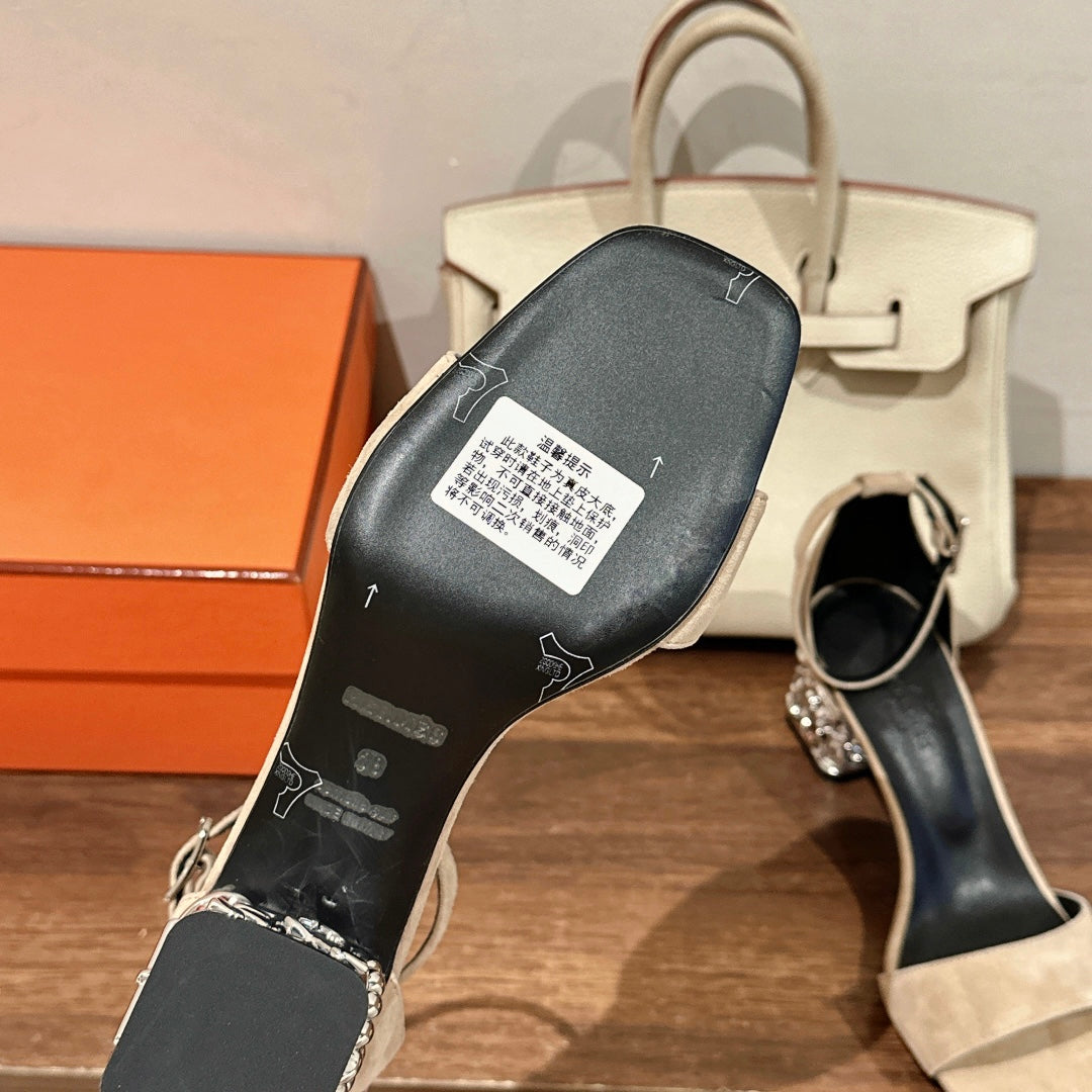 HERMES GLAM SANDAL 60 LIGHT BROWN SUEDE