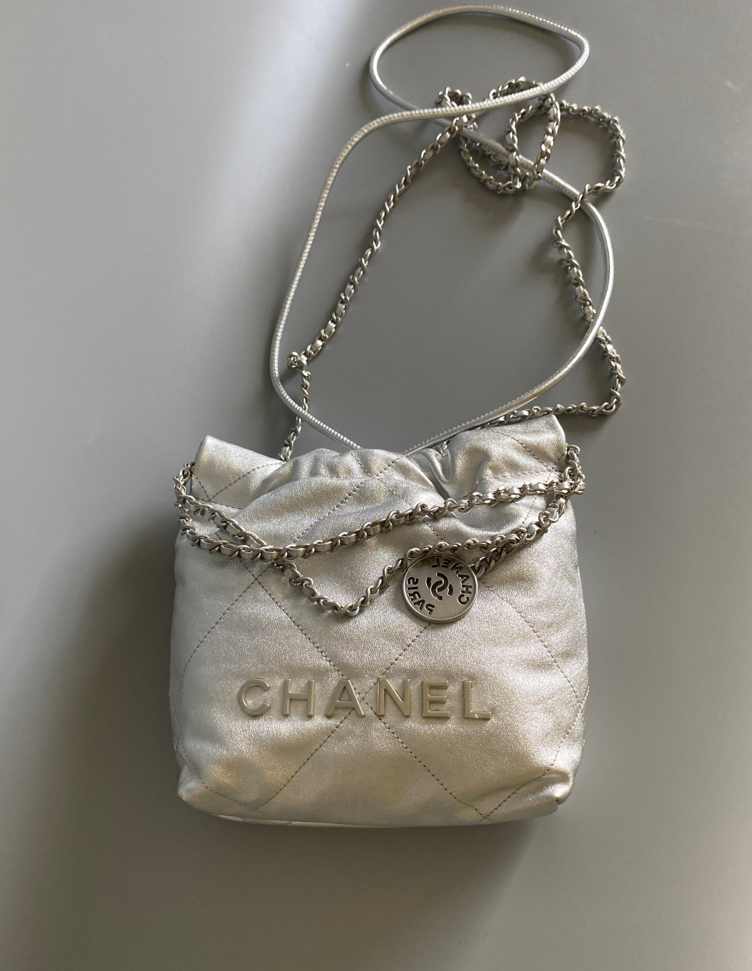 CHANEL HOBO MINI 20CM SILVER LAMBSKIN