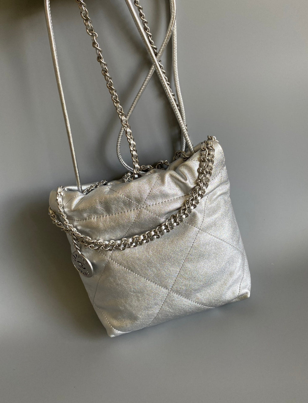 CHANEL HOBO MINI 20CM SILVER LAMBSKIN