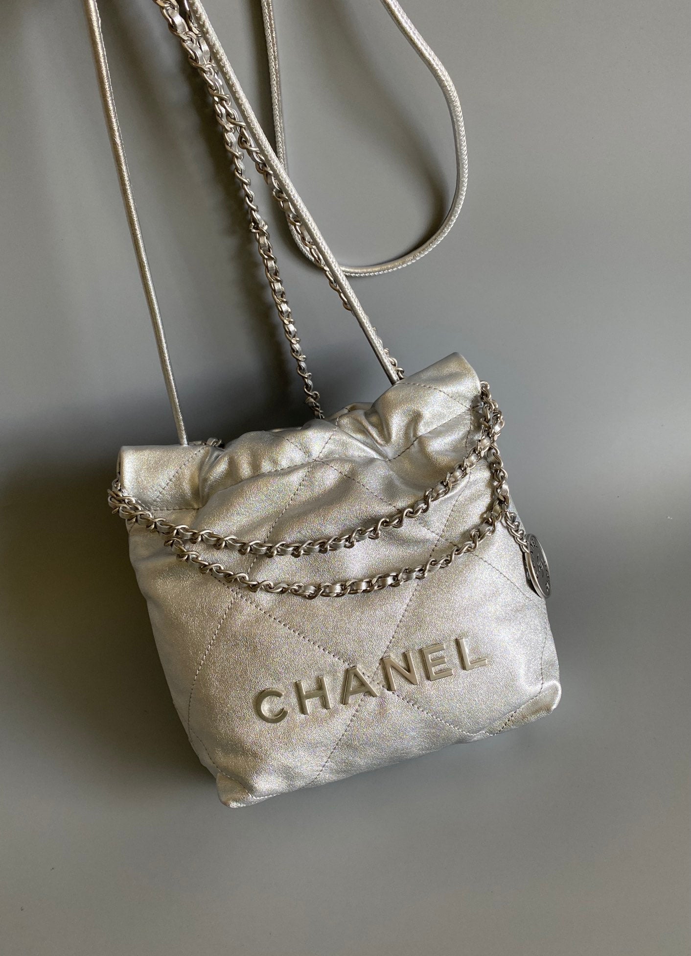 CHANEL HOBO MINI 20CM SILVER LAMBSKIN