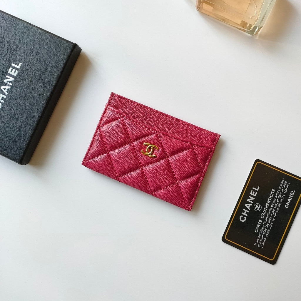 CHANEL CARD HOLDER 11.2 RED PINK GRAINED CALFSKIN GOLD ICON