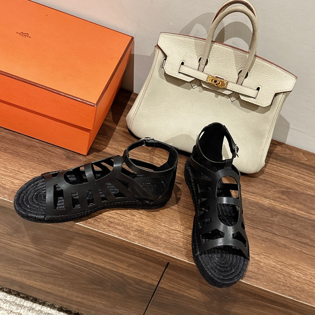 HERMES STRAW SOLE SANDAL BLACK LAMBSKIN