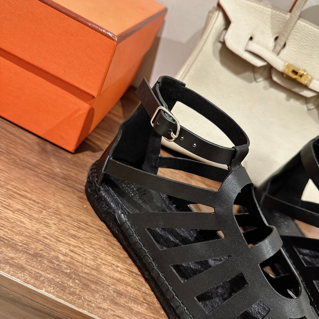 HERMES STRAW SOLE SANDAL BLACK LAMBSKIN