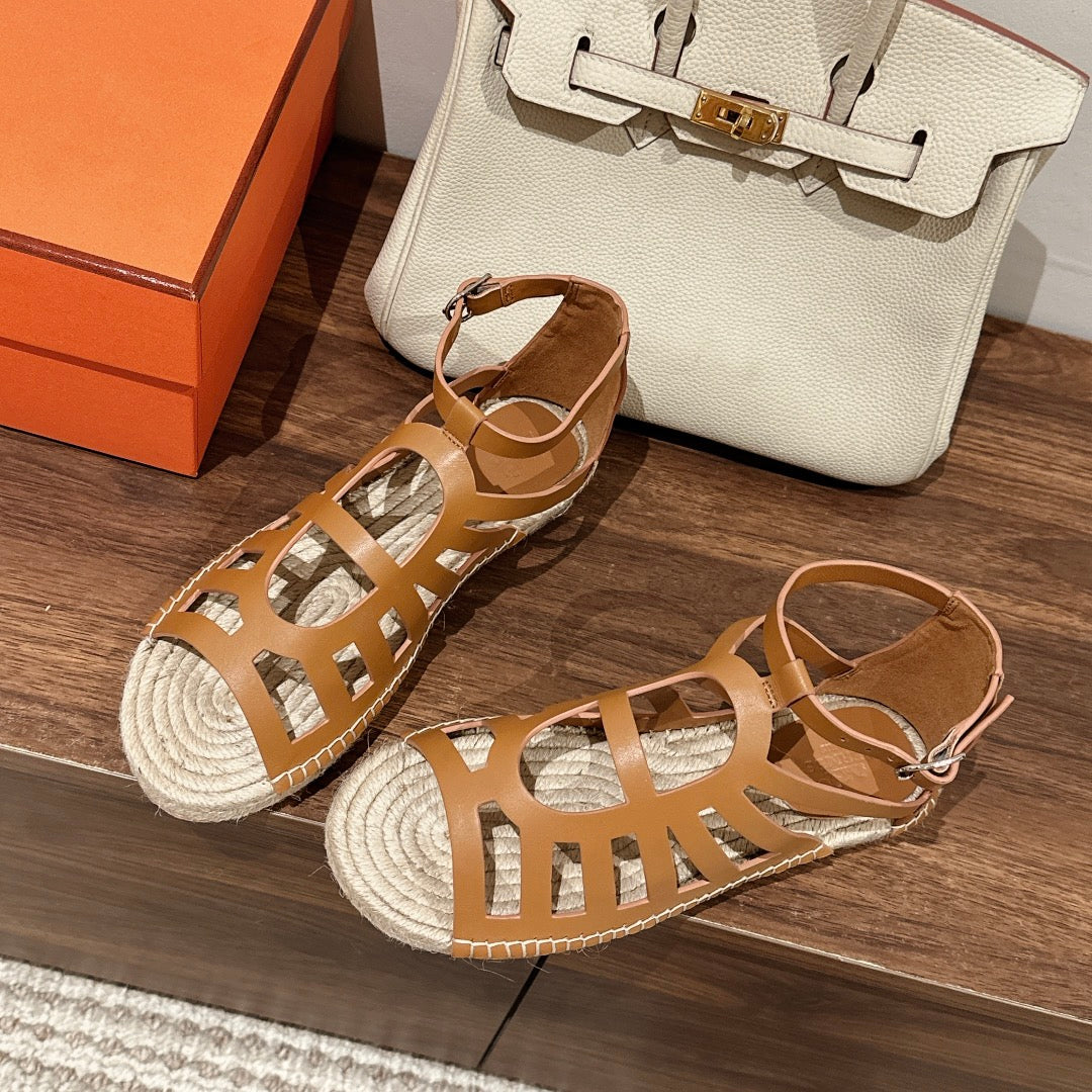 HERMES STRAW SOLE SANDAL CARAMEL LAMBSKIN