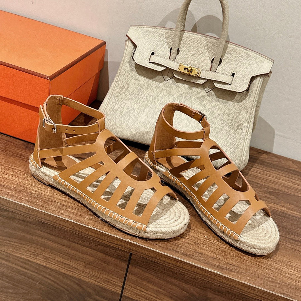 HERMES STRAW SOLE SANDAL CARAMEL LAMBSKIN