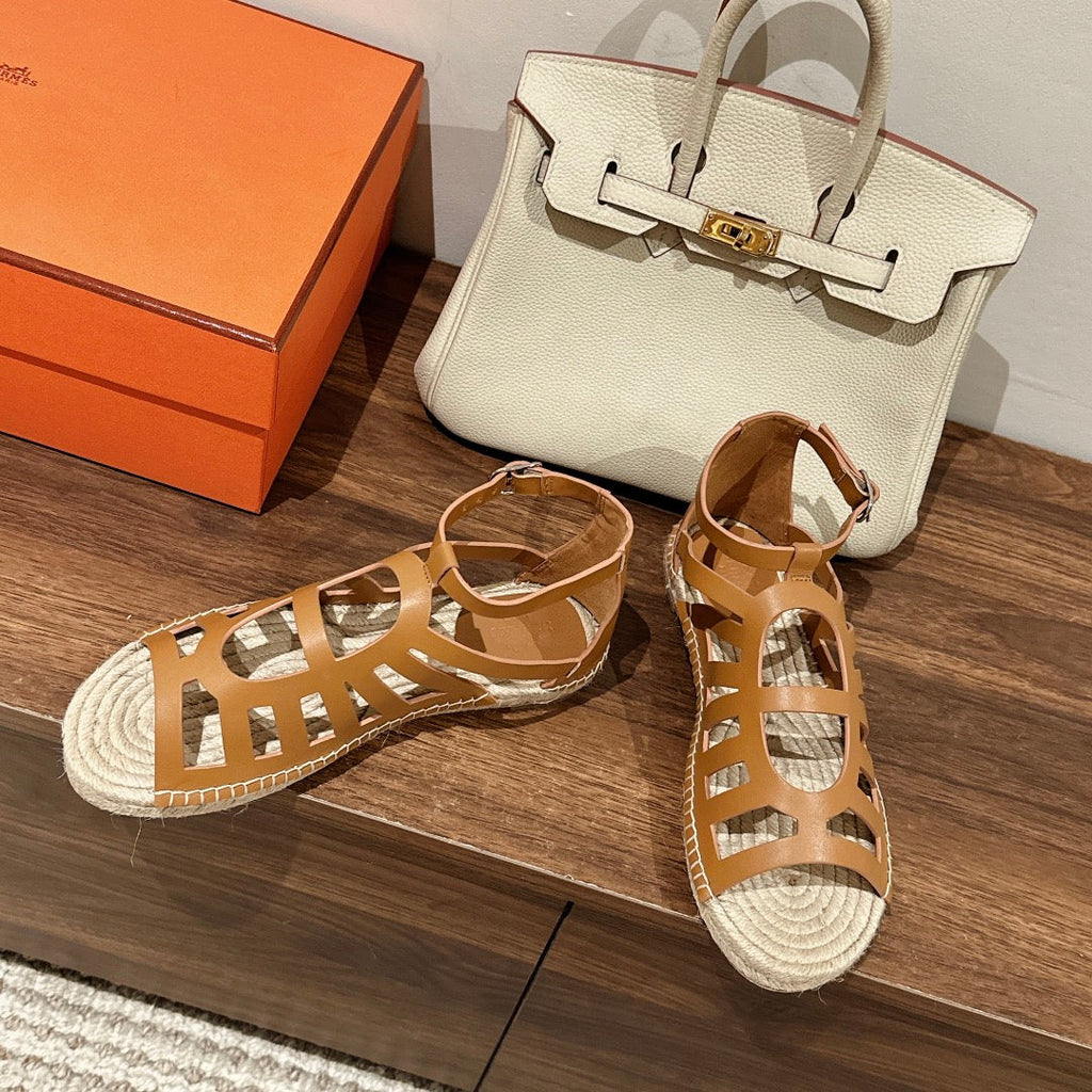 HERMES STRAW SOLE SANDAL CARAMEL LAMBSKIN