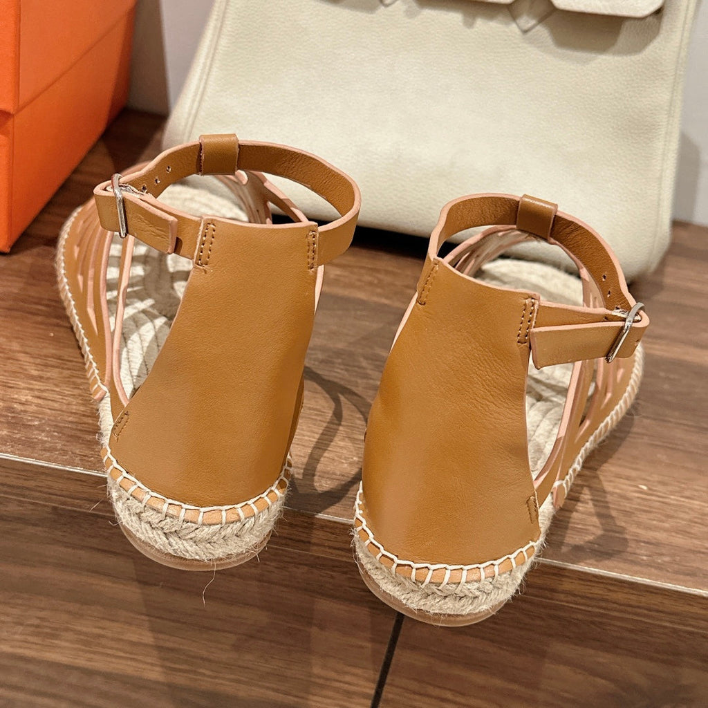 HERMES STRAW SOLE SANDAL CARAMEL LAMBSKIN