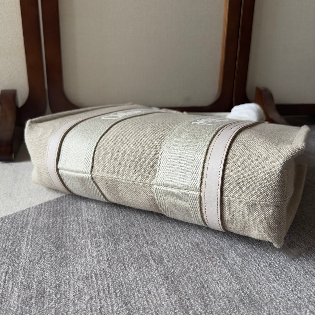 MEDIUM WOODY TOTE BAG 37 IN BEIGE LINEN CANVAS WEBBING LOGO EMBROIDER COTTON WHITE CALFSKIN