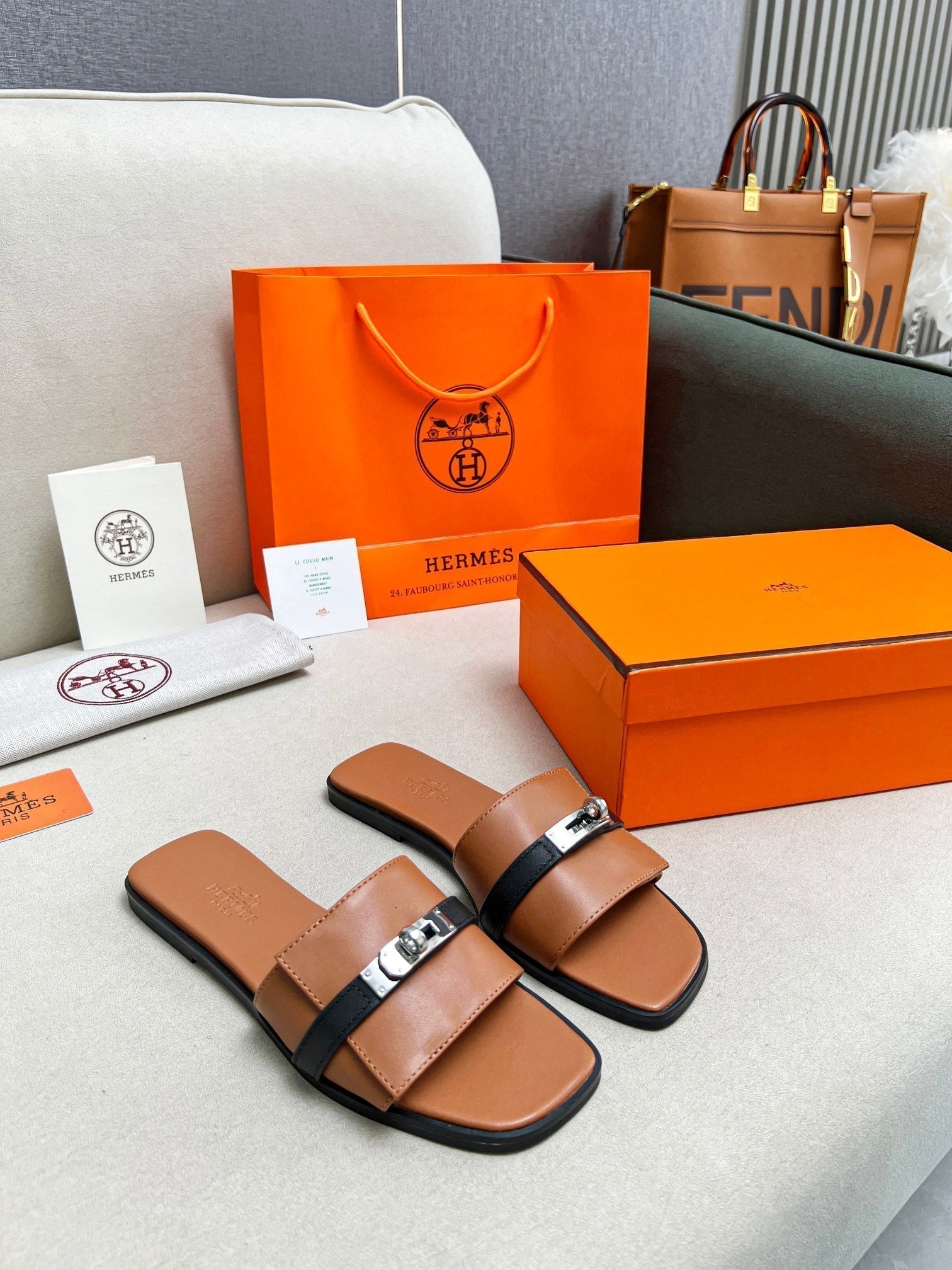 HERMES Giulia Sandal Brown Black Calfskin
