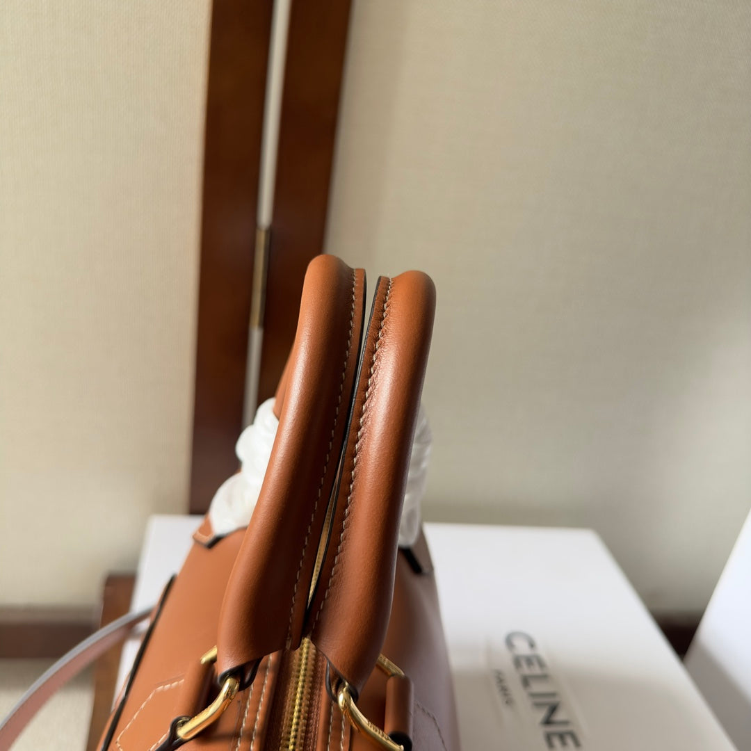 CELINE EMBOSSED  TOP HANDLE BAG 20 IN BROWN CALFSKIN