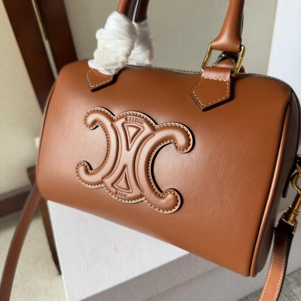 CELINE EMBOSSED  TOP HANDLE BAG 20 IN BROWN CALFSKIN
