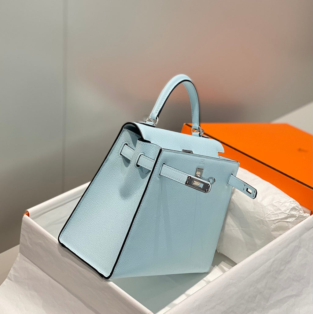 HERMES KELLY 25CM IN BLUE BRUME EPSOM CALFSKIN PALLADIUM HARDWARE