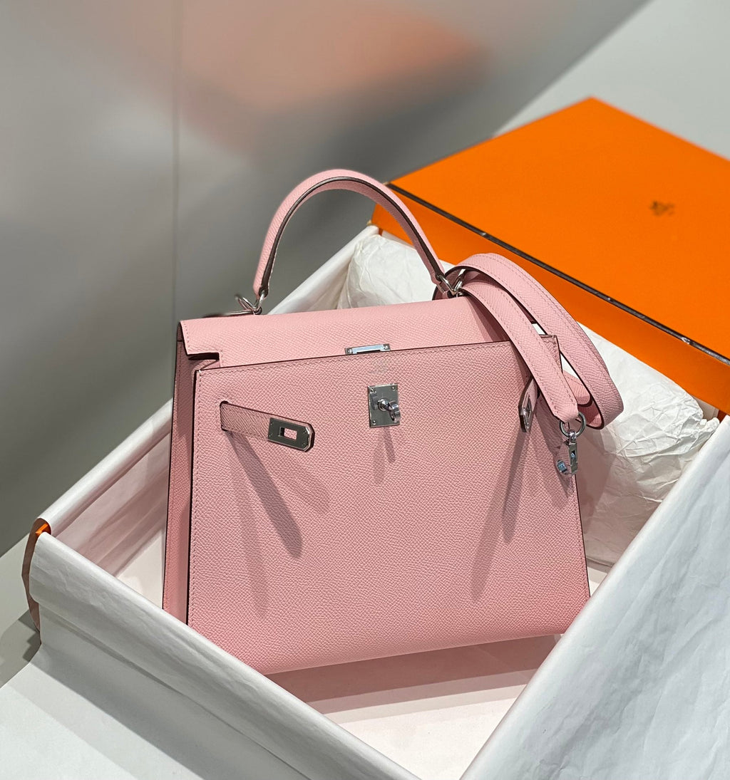 HERMES KELLY 25CM IN ROSE SAKURA SWIFT CALFSKIN SILVER HARDWARE