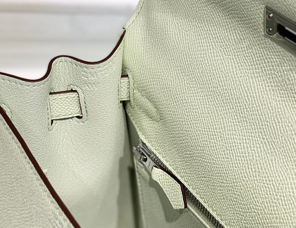 HERMES KELLY 25CM IN VERT FIZZ SWIFT CALFSKIN SILVER HARDWARE