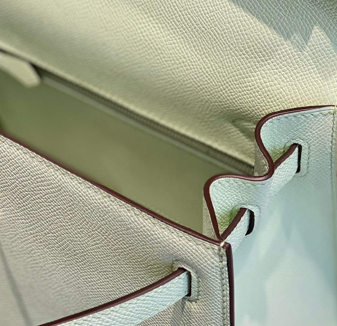 HERMES KELLY 25CM IN VERT FIZZ SWIFT CALFSKIN SILVER HARDWARE
