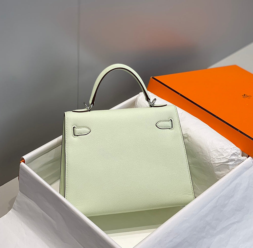 HERMES KELLY 25CM IN VERT FIZZ SWIFT CALFSKIN SILVER HARDWARE