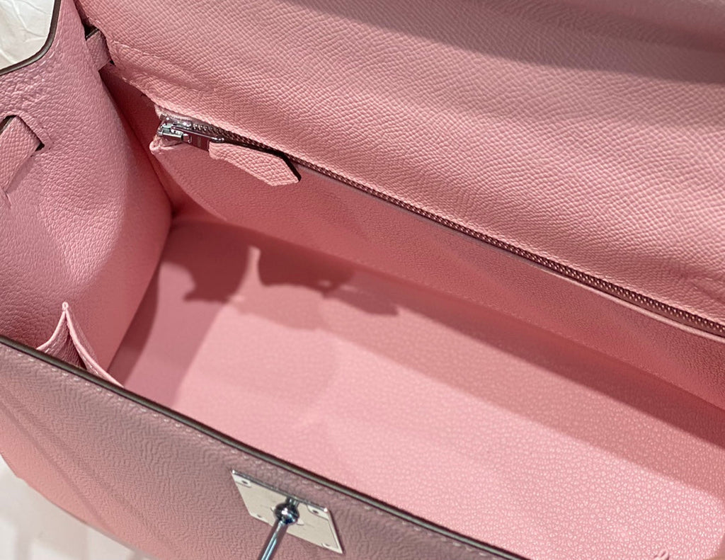 HERMES KELLY 28CM IN ROSE SAKURA SWIFT CALFSKIN SILVER HARDWARE