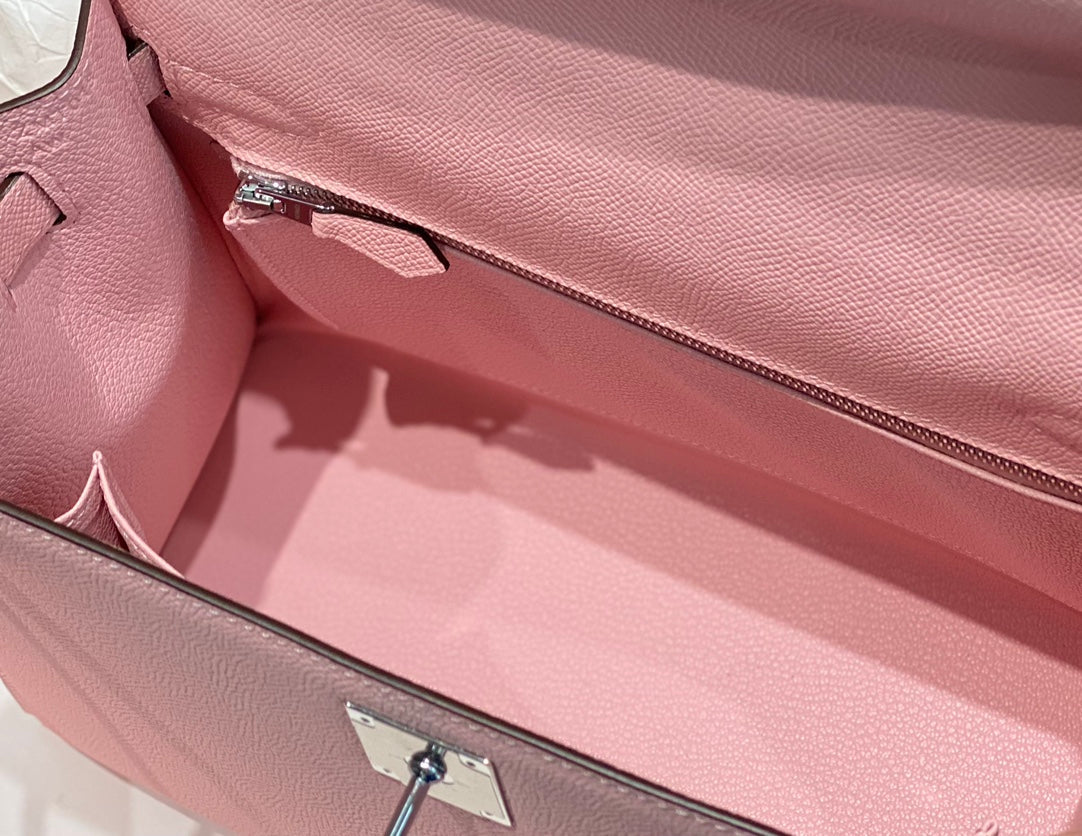 HERMES KELLY 28CM IN ROSE SAKURA SWIFT CALFSKIN SILVER HARDWARE