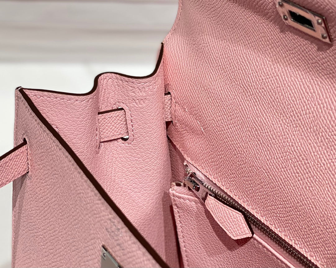 HERMES KELLY 28CM IN ROSE SAKURA SWIFT CALFSKIN SILVER HARDWARE
