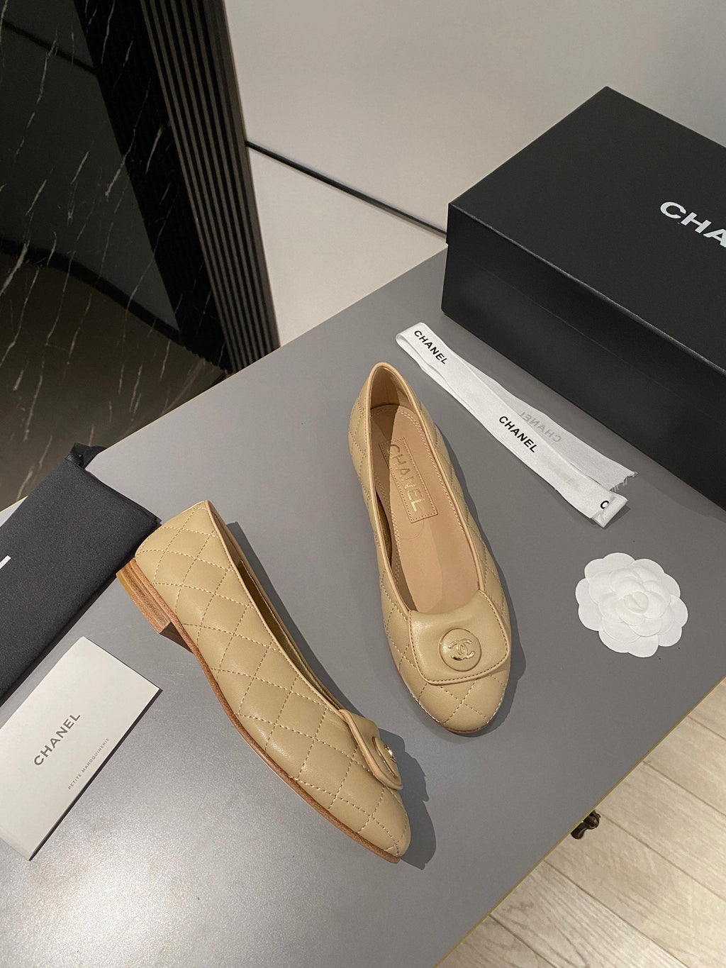 CHANEL BALLET FLAT BEIGE CREAM LAMBSKIN