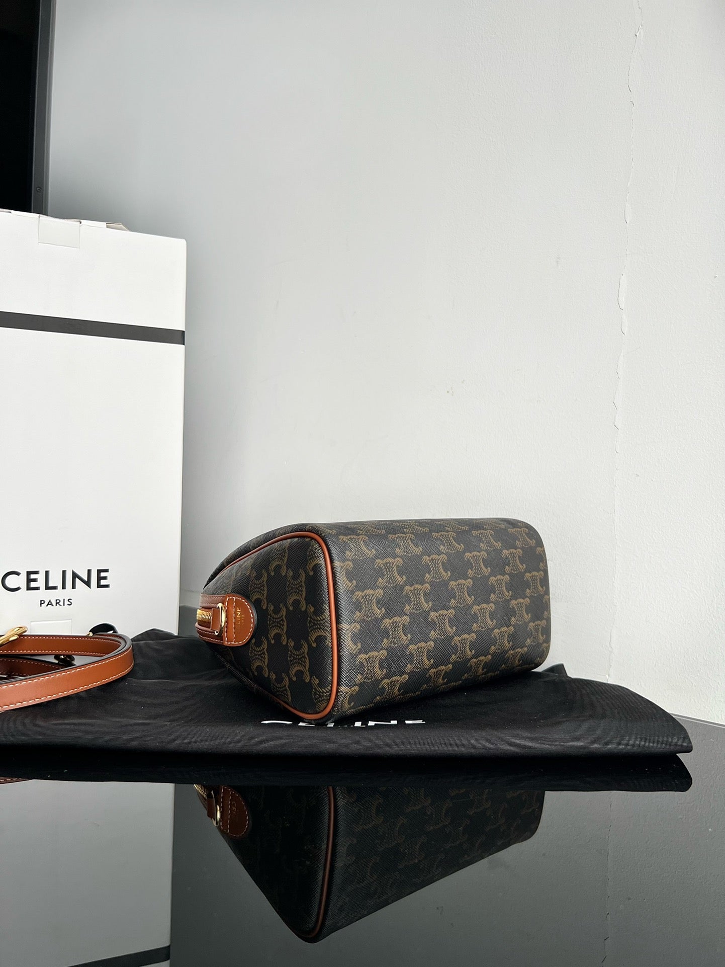 CELINE BOSTON TRIPHOME 19 BLACK PATTERN CALFSKIN