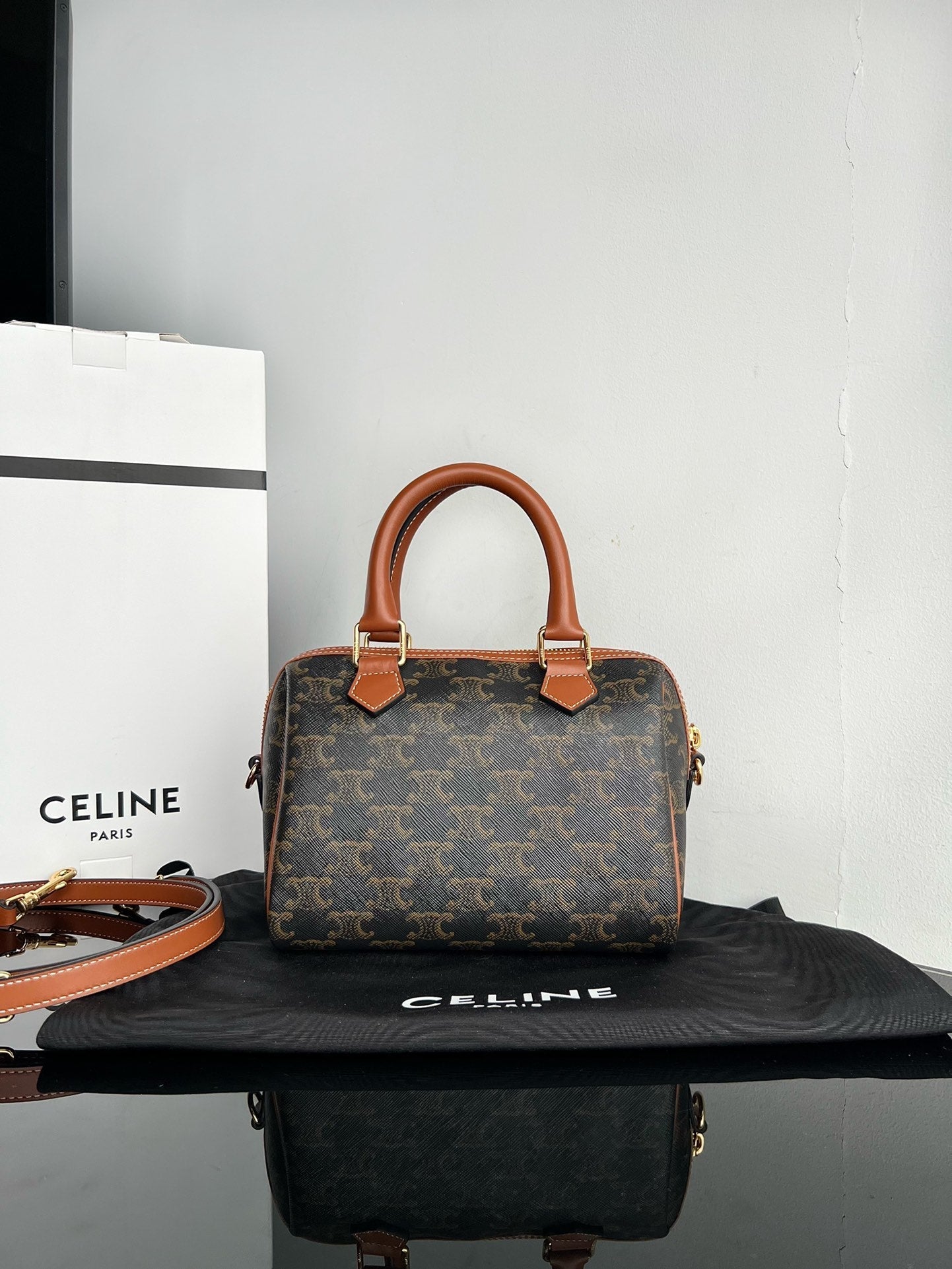 CELINE BOSTON TRIPHOME 19 BLACK PATTERN CALFSKIN