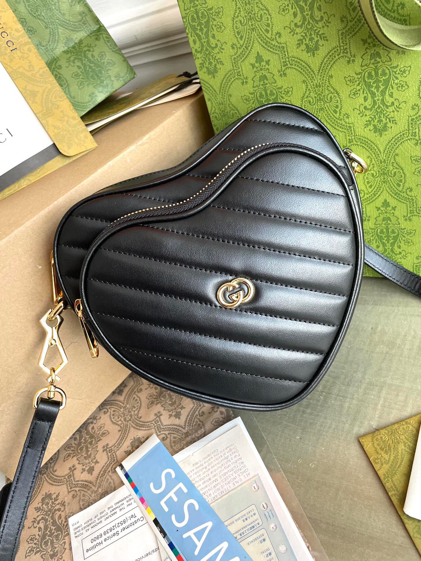 GUCCI MARMONT HEART BAG 20 IN BLACK CALFSKIN GOLD HARDWARE