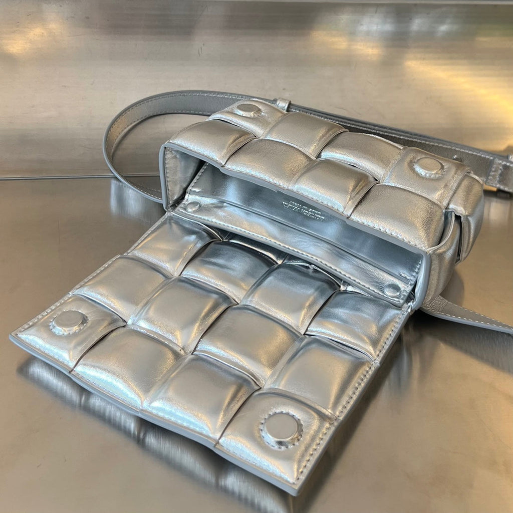 BOTTEGA VENETA MINI CASSETTE 18 IN SILVER LAMBSKIN