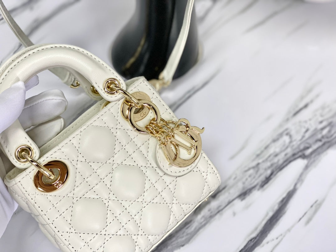 DIOR MICRO LADY 12 BAG IN WHITE LAMBSKIN