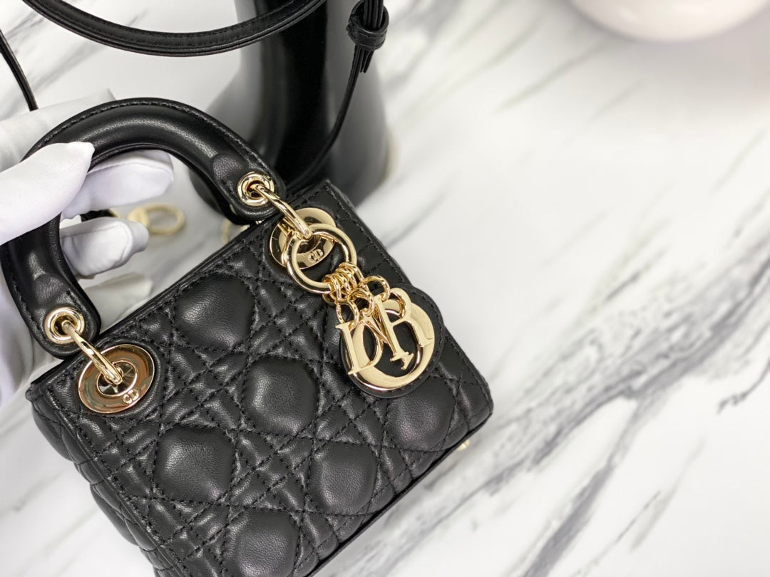 DIOR MICRO LADY 12 BAG IN BLACK LAMBSKIN