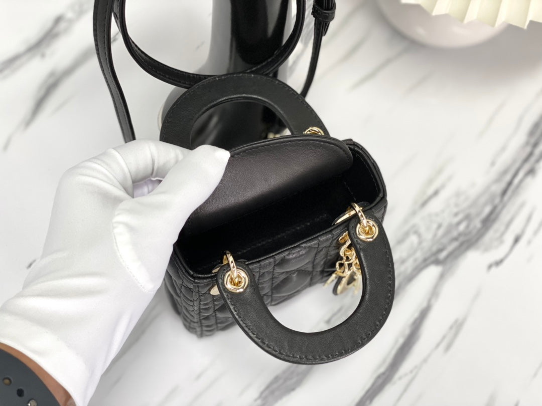 DIOR MICRO LADY 12 BAG IN BLACK LAMBSKIN