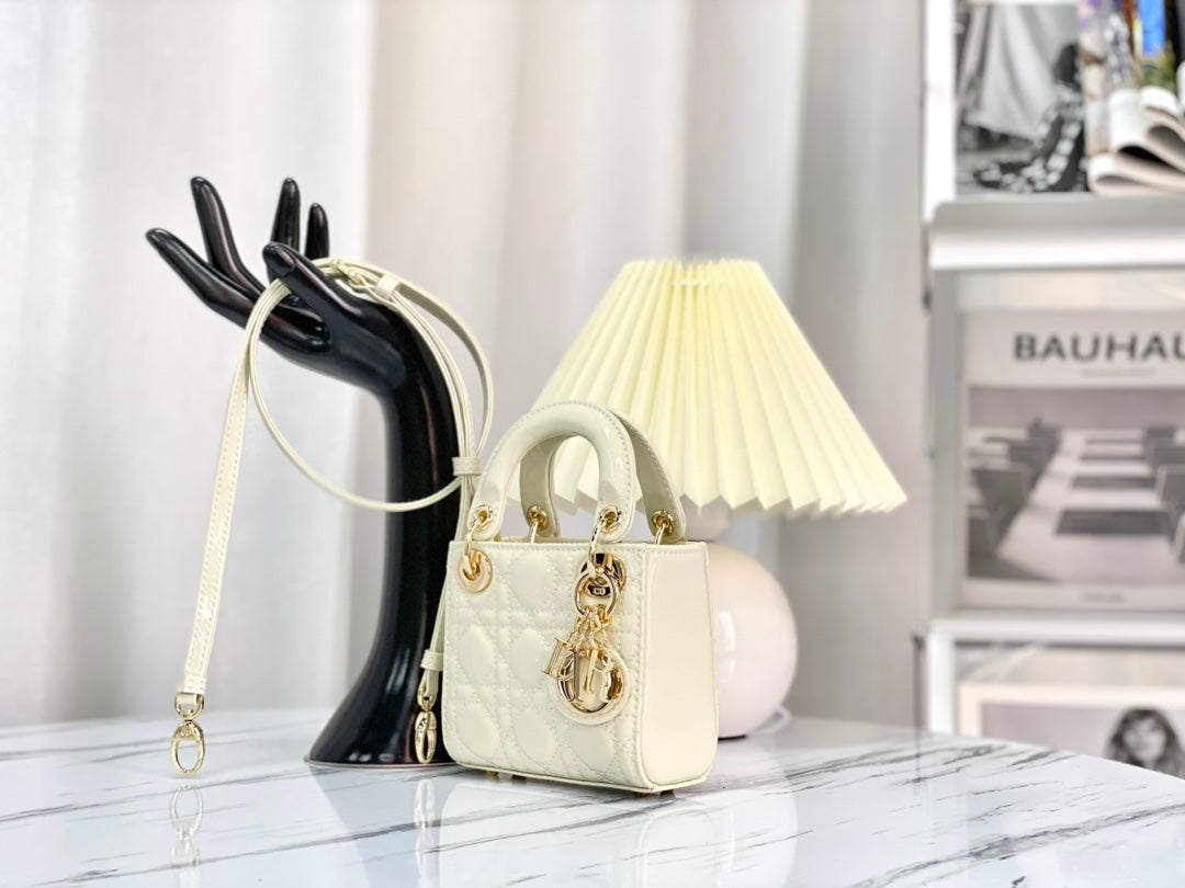 DIOR MICRO LADY 12 BAG IN GLOSSY WHITE LAMBSKIN