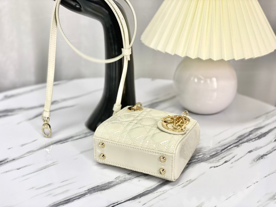 DIOR MICRO LADY 12 BAG IN GLOSSY WHITE LAMBSKIN