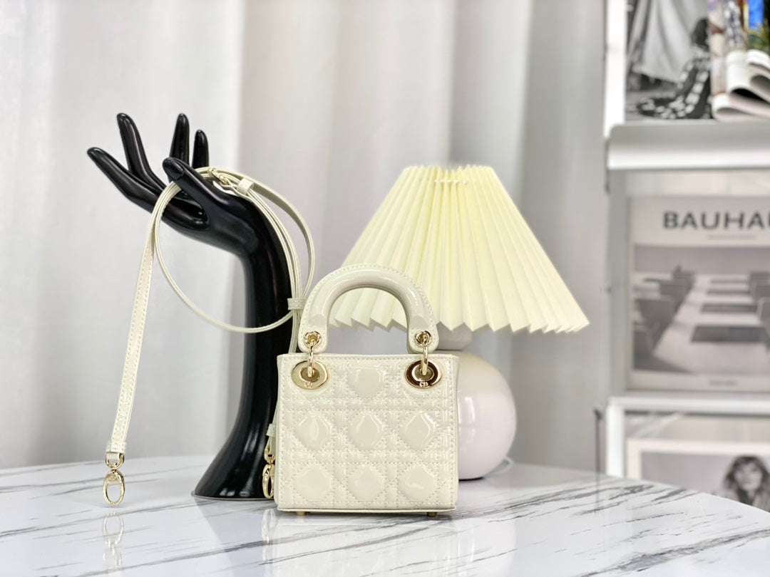 DIOR MICRO LADY 12 BAG IN GLOSSY WHITE LAMBSKIN