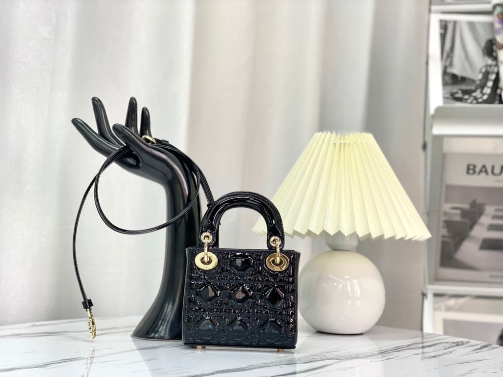 DIOR MICRO LADY 12 BAG IN GLOSSY BLACK LAMBSKIN