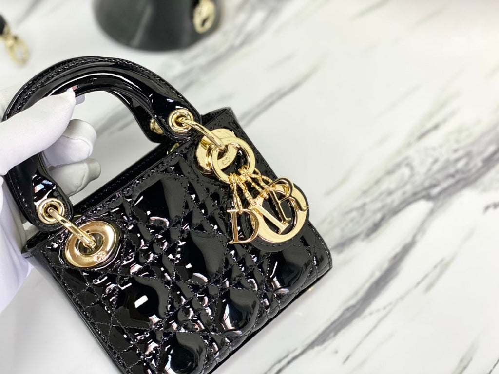 DIOR MICRO LADY 12 BAG IN GLOSSY BLACK LAMBSKIN