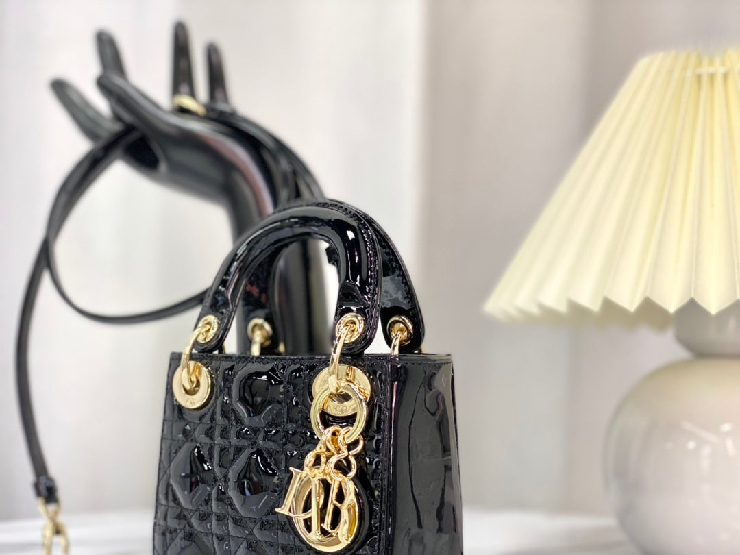 DIOR MICRO LADY 12 BAG IN GLOSSY BLACK LAMBSKIN