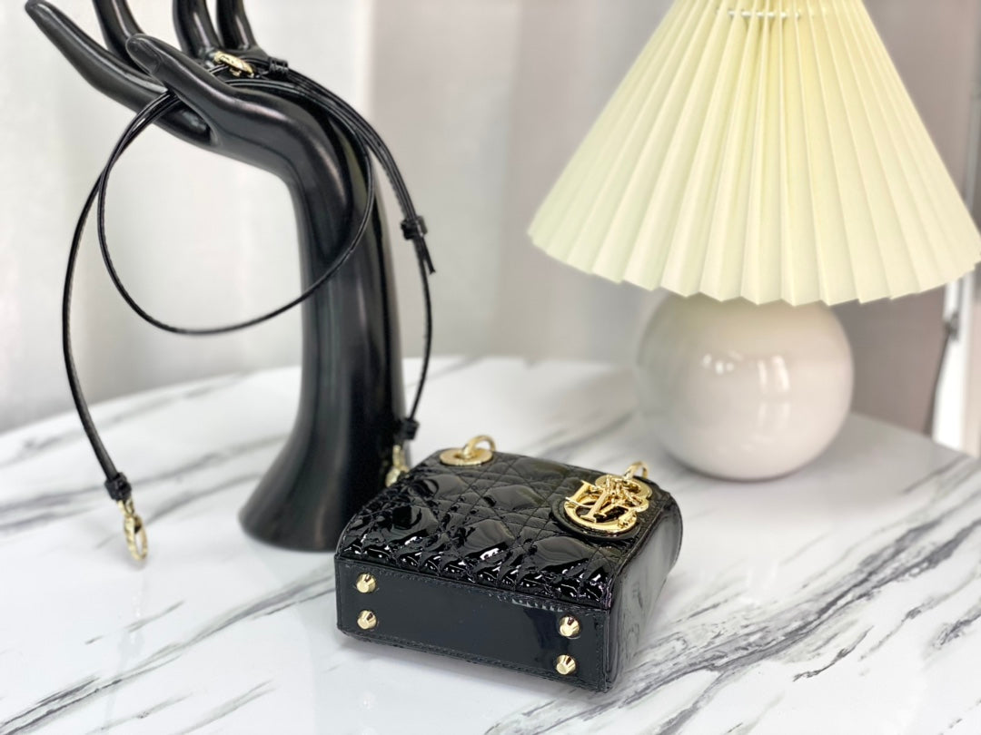 DIOR MICRO LADY 12 BAG IN GLOSSY BLACK LAMBSKIN