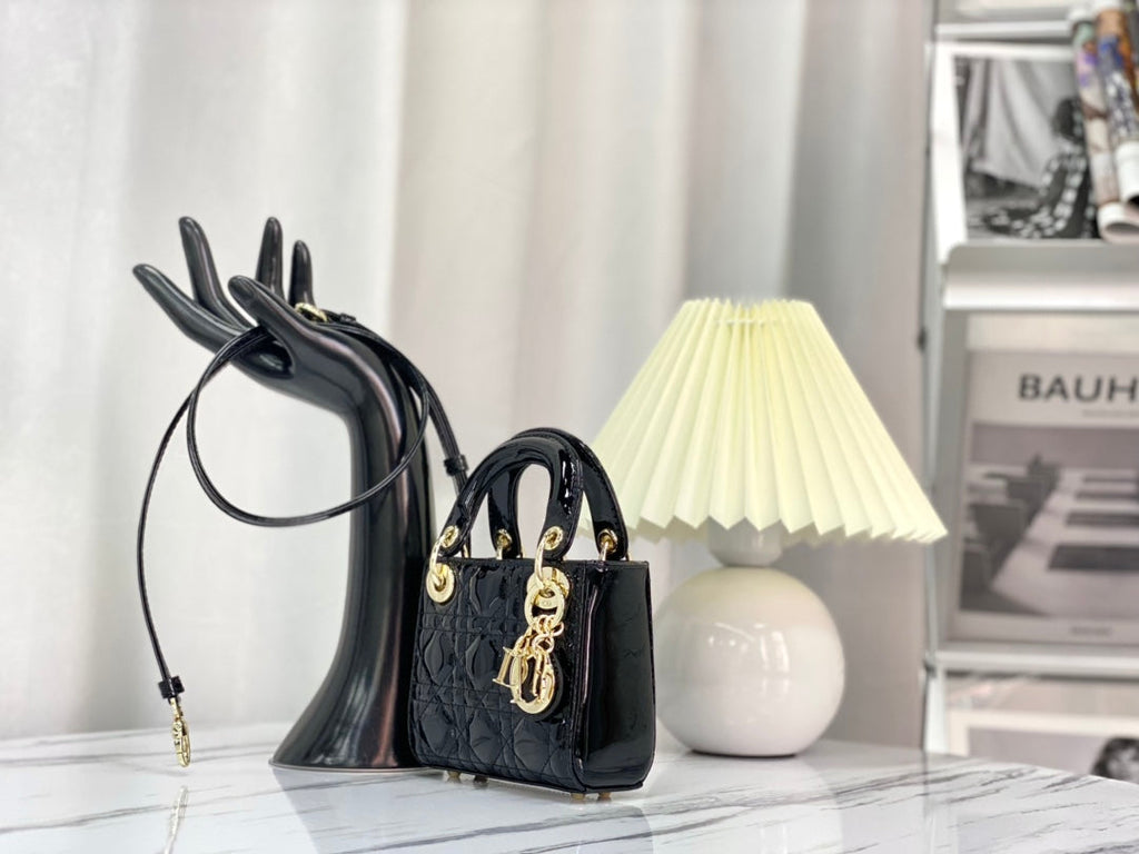 DIOR MICRO LADY 12 BAG IN GLOSSY BLACK LAMBSKIN