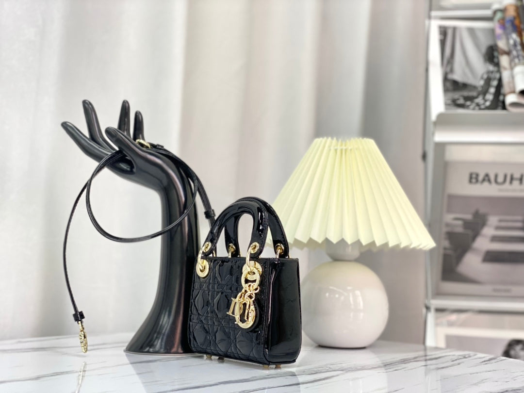 DIOR MICRO LADY 12 BAG IN GLOSSY BLACK LAMBSKIN