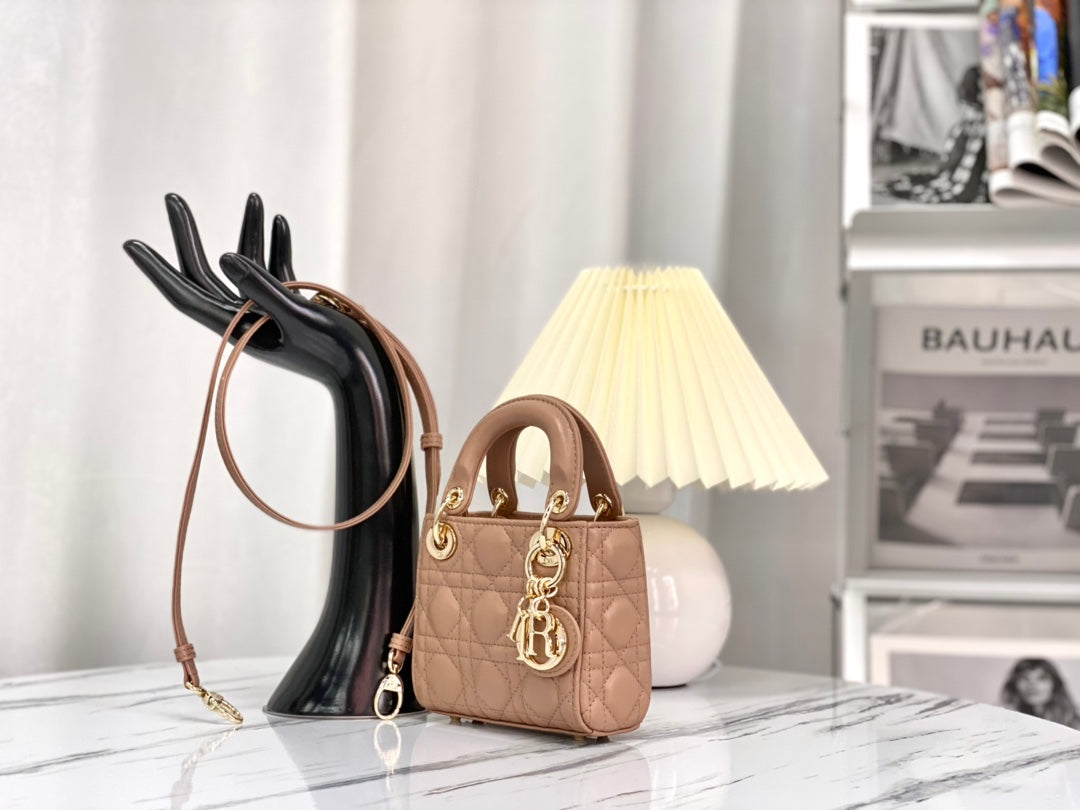 DIOR MICRO LADY 12 BAG IN CAMEL BEIGE LAMBSKIN