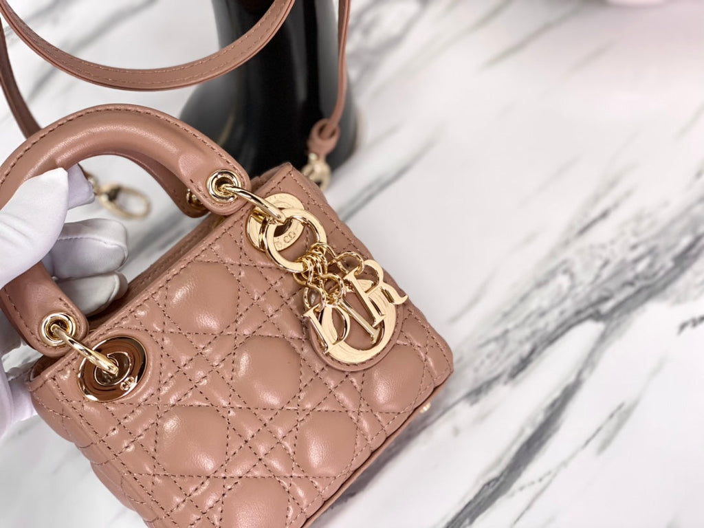 DIOR MICRO LADY 12 BAG IN CAMEL BEIGE LAMBSKIN